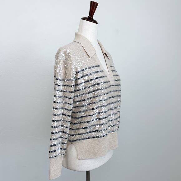 J. Crew Collection Sequin Stripe V-Neck Collared Polo Sweater - Picture 5 of 8